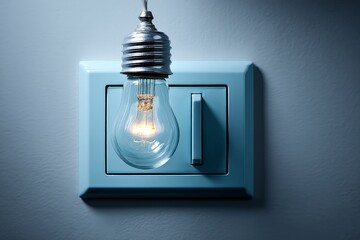 Aufkleber - Vintage light bulb glowing above a blue light switch in a cozy indoor setting during evening hours