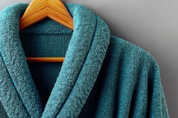 Poster - Soft turquoise bathrobe hanging on a wooden hanger against a gray wall