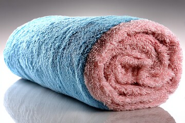 Poster - Colorful rolled towel placed on a reflective surface showcasing vibrant textures and soft fabric qualities