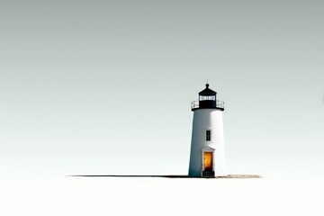 Poster - Lighthouse stands alone in the calm landscape under a clear sky during sunset illuminating the surroundings