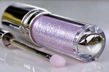 Aufkleber - Sparkling lavender cosmetic glitter in a clear container with applicator on a smooth surface