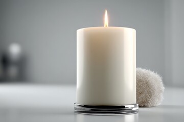 Aufkleber - Elegant white candle with soft texture object in a minimalist interior setting