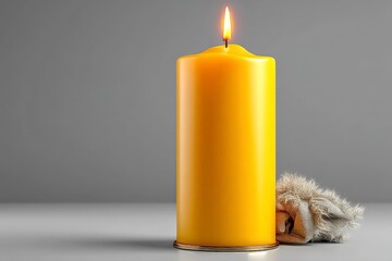 Poster - Vibrant yellow candle lit in a peaceful indoor setting with a soft cloth nearby during the afternoon