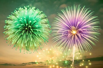 Poster - Green and Purple Fireworks Double Exposure Stock Photo - Abstract Night Sky