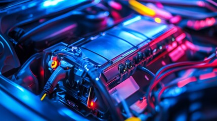 Poster - Innovative engine technology showcase automotive garage close-up photography neon lighting low angle view mechanical concepts