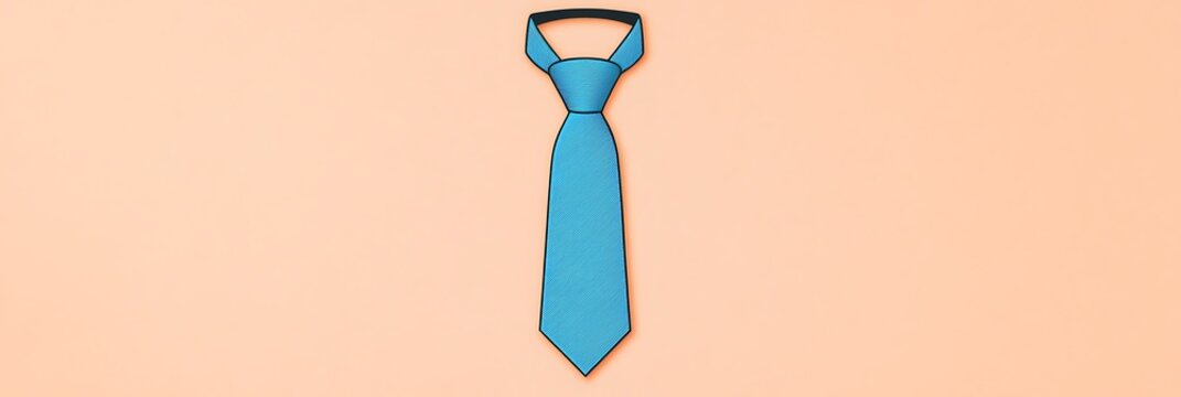 Minimal linear icon of a blue necktie in aqua teal, elegantly placed on a soft peach backdrop