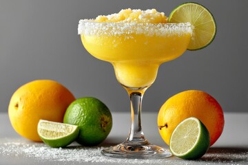Aufkleber - Refreshing citrus margarita served with lime wedges garnished with salt on a gray background