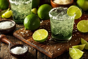 Poster - Refreshing lime cocktails served with salt on a rustic wooden board alongside fresh limes