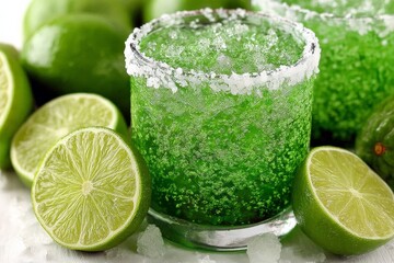 Poster - Refreshing lime beverage with icy texture and salty rim served alongside fresh lime halves