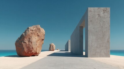 Poster - ancient corridor with columns and blue sky minimal 3d rendering illustration