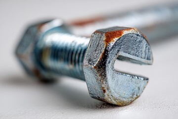 Poster - Close-up view of a rusty bolt on a workbench reveals the texture and details of metal and tools used in construction activities
