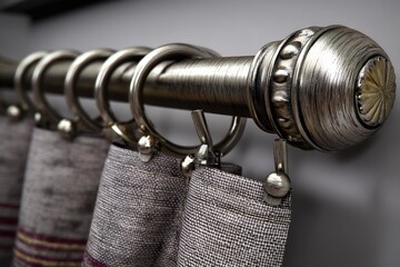 Poster - Detailed close-up of a curtain rod with metal rings holding fabric curtains showcasing modern interior design elements