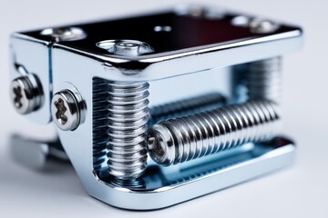 Leinwandbilder - Metal clamp with threaded screws on a light background showcasing precise engineering and durable design