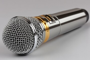 Aufkleber - Microphone set up for performance at a concert venue during evening hours with warm lighting creating a vibrant atmosphere