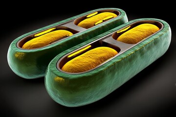 Poster - Digital rendering of green and yellow capsules on a black background showcasing a pharmaceutical concept