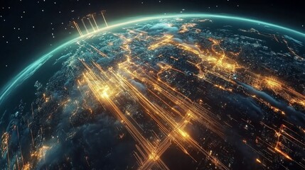 Poster - Global technological advancements earth view digital visualization space aerial perspective connectivity and innovation
