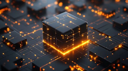 Poster - Dynamic digital cube displaying neon lights virtual space 3d render high-tech environment futuristic viewpoint