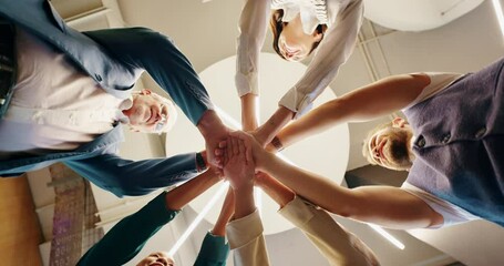 Aufkleber - Business office, people and hands together in circle for company celebration, sales growth and achievement. Low angle, financial teamwork and huddle for finance target, support and investment success