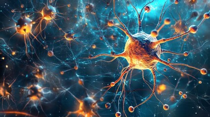 Poster - neurons interacting in a glowing microenvironment cellular biology lab digital art scientific visual
