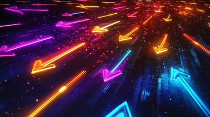 Poster - Dynamic neon arrow patterns digital space abstract art futuristic environment wide-angle view visual movement concept