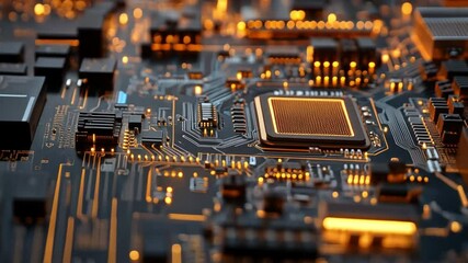 Poster - Illuminated Tech Circuit: A detailed macro shot unveils the intricate network of a computer circuit board, with glowing pathways and components, showcasing modern technology and digital progress.