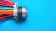 © Artittaya - Silver cylindrical motor laying horizontally with colored wires stretching outward on a rich blue background