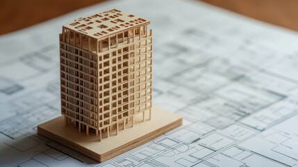 Poster - Architectural model of a modern building on blueprint indoor workspace photography minimalist design close-up view urban development