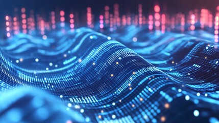 Poster - dynamic digital waves of data flowing in a futuristic environment technology landscape abstract visu