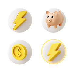 Aufkleber - A set of 3D icons in a minimalist style featuring a lightning bolt coin and piggy bank to symbolize energy conservation savings and financial management