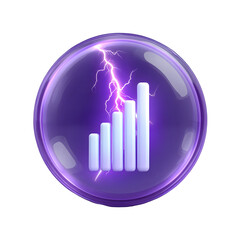 Aufkleber - A futuristic and minimalist 3D icon featuring a glowing white energy bar chart with lightning bolts inside a translucent purple bubble symbolizing digital analytics growth