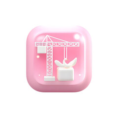 Poster - Minimalist 3D icon depicting a pastel pink crane lifting a white block against a simple white background symbolizing engineering development and progress