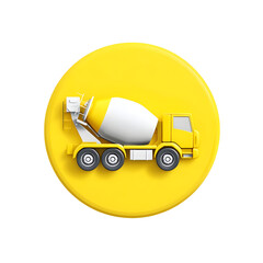 Poster - Minimalist 3D circular icon of a yellow cement mixer truck isolated on a white background with a clean modern design