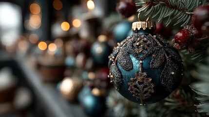 Aufkleber - christmas tree decoration with blurry background winter holidays festive background.stock image