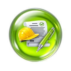 Aufkleber - A 3D depicting a green transparent bubble containing a white icon representing a construction contract safety helmet and pen symbolizing the planning design
