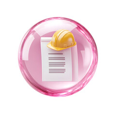 Aufkleber - A modern and professional 3D pink bubble icon displaying a white minimal construction document and a yellow safety helmet against a clean white backdrop