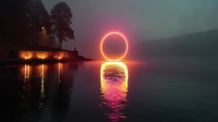 Poster - circle neon light with reflections on the water,stock photo