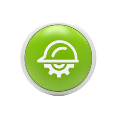 Poster - Circular green icon depicting a safety helmet with a gear base symbolizing engineering construction and industrial work equipment