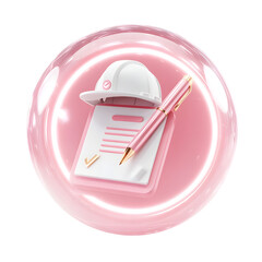 Poster - A pink glowing circular bubble contains an icon representing construction paperwork including a hard hat pen and contract form