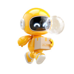 Poster - A sleek glowing yellow robot sphere with a transparent glass body minimally designed to handle automated package delivery and transportation tasks