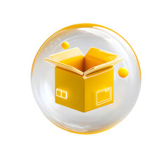 Aufkleber - A minimalist abstract depicting a glowing yellow open box icon suspended within a transparent circular bubble with soft geometric lines and a clean modern aesthetic