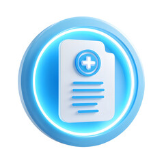 Aufkleber - A clean modern 3D icon depicting an insurance or medical document with a glowing health symbol inside a shimmering blue circular frame