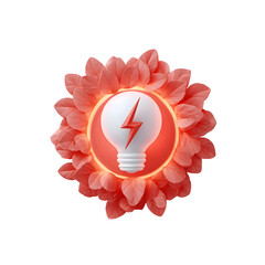 Aufkleber - Minimalist 3D image of a red circular bubble with a white light bulb and lightning bolt icon rising from a cluster of leaves with a soft glowing effect on a white background