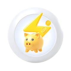 Poster - Minimalist 3D icon depicting a yellow circular bubble with a cartoon piggy bank an electric bolt and a coin symbolizing energy conservation financial savings and investment opportunities