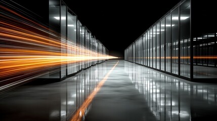 Poster - digital information travels through fiber optic cables through the network and data servers behind glass panels in the server room of the data center high speed digital lines,stock photo