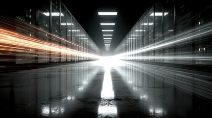 Poster - digital information travels through fiber optic cables through the network and data servers behind glass panels in the server room of the data center high speed digital lines