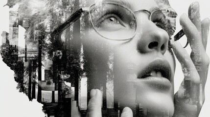 Poster - double exposure of female face abstract black and white woman portrait digital art girl in glasses of virtual reality augmented reality dream future technology game concept vr.stock image