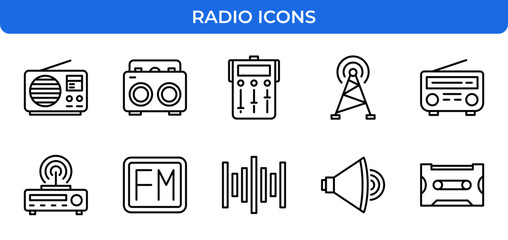 Poster - Radio Audio Music Broadcasting Vector Icon Set Entertainment, Technology, Communication, Outline, Flat, Studio, Live, Podcast, Frequency, Antenna, Sound, Wave, Microphone icons