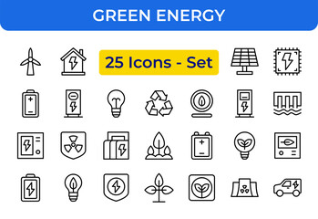 Poster - Green Energy Renewable Ecology Environment Line Icons Set Technology Sustainability Outline Vector Editable Stroke Easy to Edit Flat Icons Symbol