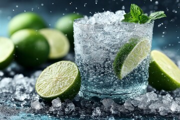 Poster - Refreshing lime drink with ice and mint garnished on a cool surface ideal for summer occasions