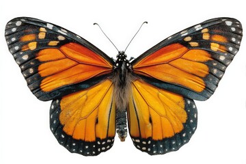 Poster - Vibrant monarch butterfly perched with wings spread wide, showcasing striking orange and black pattern in natural habitat during daylight